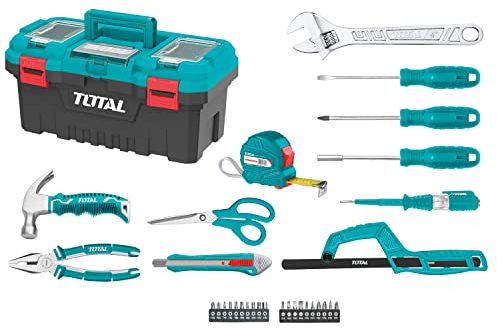 TOTAL - Caja de Herramientas Completa 32 Piezas - Alicate, Llave, Destornillador y Martillo con Sacaclavos - Flexómetro, Puntas y Arco de Sierra - Tester de Voltaje - Maletín 17”