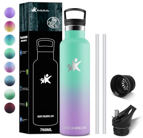 KollyKolla Trinkflasche Edelstahl 750ml, Vakuum Thermosflasche, Wasserflasche mit Strohhalm, Auslaufsicher, BPA-Frei Trinkflasche Kohlensäure Geeignet für Erwachsene, Uni, Gym, Sport, Fahrrad, Camping