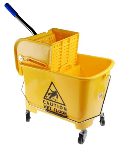 Carro escurridor con 4 ruedas – Amarillo | Cubo exprimidor de fregona de 20 L con precaución para suelos húmedos Carrito de limpieza comercial para negocios, hospitales, escuela