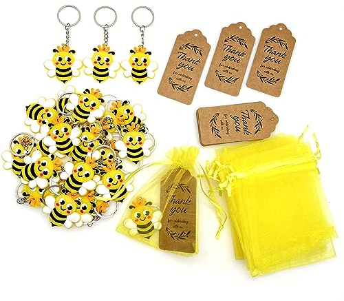 JZK 25 bomboniere a tema ape, portachiavi con sacchetti gialli con coriandoli gialli e etichette regalo, regalo di compleanno per bambini, regali di ringraziamento, decorazioni per feste a tema bombi