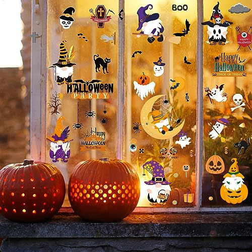 AUAUY Halloween-fönsterdekoration, spindelfönsterfilm, PVC-klistermärken, dubbelsidiga fönsterbilder med pumpa, fladdermus, klistermärken, statiska, självhäftande, återanvändbara, 9 ark, 70 st