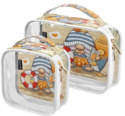 2 Pack Clear Makeup Bag, Summer Cute Gnome Surfboard Orange Juice Lifebuoy Car Pouches for Organization Waterproof Travel Toiletry Bags for Women Girl
