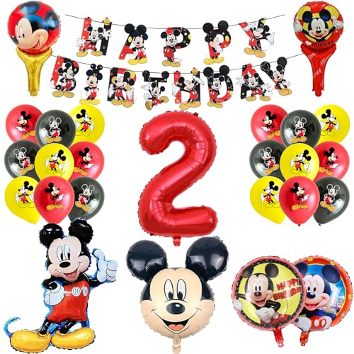 UdacA Cartoon Maus Kindergeburtstag Ballons, 24 Stück Geburtstag Deko 2 Jahre, Folienballon Set mit Happy Birthday Banner für Kindergeburtstag Deko 2. Geburtstag