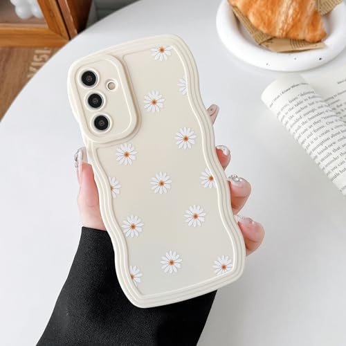 ZTOFERA Fodral för Samsung Galaxy A35 5G, söta lockiga vågor ramform tusensköna mönster silikon mobilskal, flexibelt stötsäkert skyddsfodral för Samsung A35 – vit