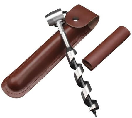 Bushcraft Settlers Tool Survival Hand Auger Wrench, Manual Auger Post Digger with Leather Case, Manual Survival Drill Bit, Multi Purpose Sco-tch Eye Wood Auger Set for Outdoor Hiking Camping