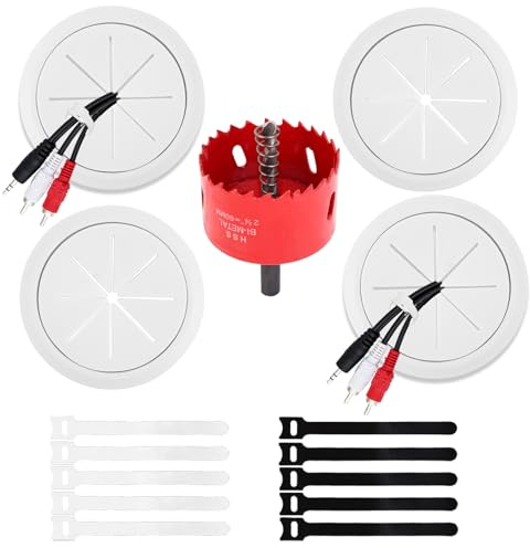 Paquete de 4 ocultadores de cables para TV montado en la pared, 2-3/8 pulgadas (agujero de 60 mm) para pared de TV, kit de gestión de cables de pared, incluye 4 pasos, 1 accesorio de taladro de sierra