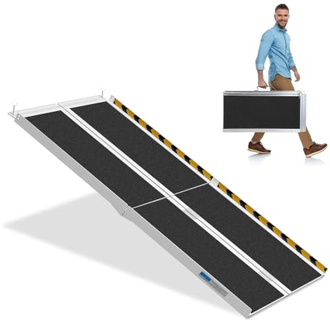 Herrselsam 152x73cm Rollstuhlrampe Belastbar bis 270KG Rollstuhlrampe mit Rutschfester Oberfläche Tragbare Rollstuhlrampe Rollstuhlklapprampe für Zuhause Stufen Treppen Türöffnung