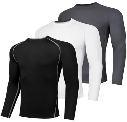 AMZSPORT Maglia Compressione Uomo Maglia Termica Manica Lunga Maglietta Palestra Compression Shirt Ciclismo Running Sportiva, Confezione da 3: Nero Bianco Grigio L