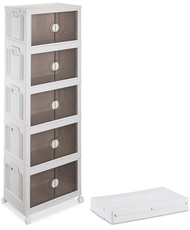 Relaxdays Boîte de rangement empilable, 50 l, lot de 5, porte et couvercle, pour provisions, vêtements, pliable, blanche