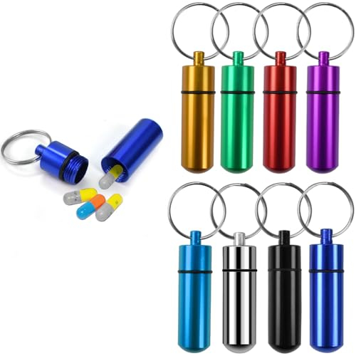 Cleminsta 7 Pezzi Portachiavi Porta Pillole Organizer, Alluminio Portapillole Medicine, Portapillole Portachiavi Portatile per Pillole, Capsula Scatolino Porta Medicinali, Portapillole Contenitore