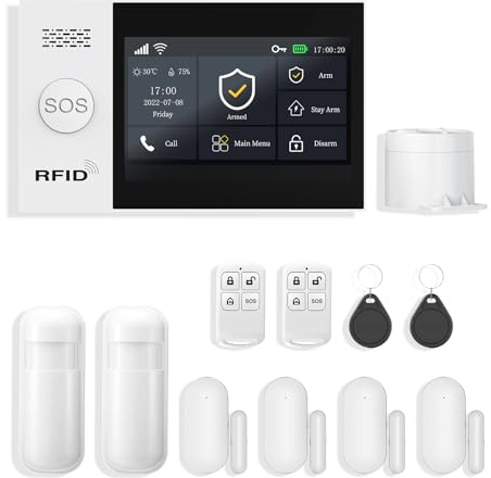 XNH Schermo Tattile 4.3'' Sistema di Allarme Casa Senza Fili 4G + Wi-Fi, App Push, 12 Pezzi Antifurto Casa Wireless, Kit Allarme DIY con Sirena 120DB, Sensore Porta, Telecomando, Sensore di Movimento