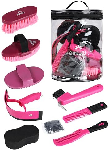 Shinewell Horse Grooming Kit, Complete Horse Brush Set, Equine Grooming Tools for Shedding & Daily Care Pink