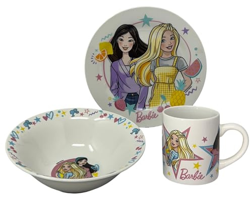 CARTOON 3-delat set av keramik Barbie kopp flingskål tallrik barnservis bordsservis i set