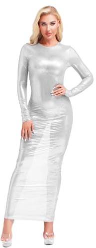 Sxiwei Women Abito in Pelle Lucida Wetlook Trasparente Maxi Abito Stretch Aderente Matita Maniche Lunghe T Shirt Camicia Casual Lingerie Sexy Bianco L