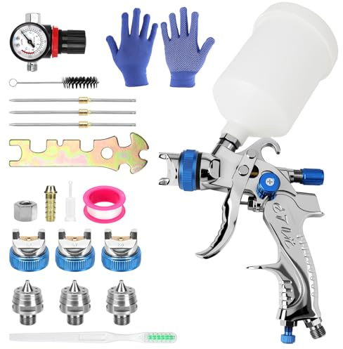 Paint Spray Gun Kit with 3 Nozzles (1.4 mm/1.7 mm/2.0 mm), Pressure Gauge, Paint Cup and Accessories for Precise Painting, Air Spray Guns, Paint Spray System for Fences, Ceilings, Wall Painting