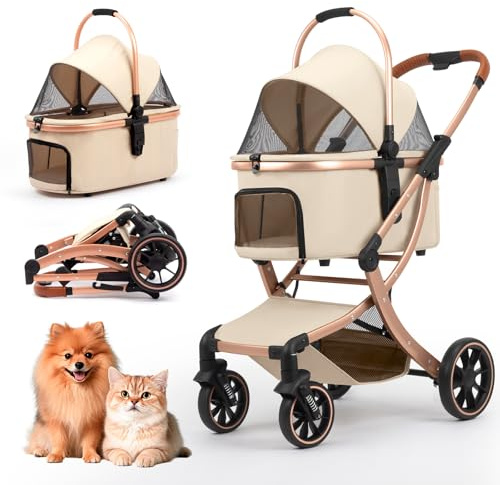 3 in 1 Pet Stroller for Small/Medium Dogs & Cats with Detachable Carrier, Storage Basket and Pet Pad, 4 Wheels Foldable Pet Travel Carrier for Car Seat & Hand Carry, Safe Outings (Khaki)