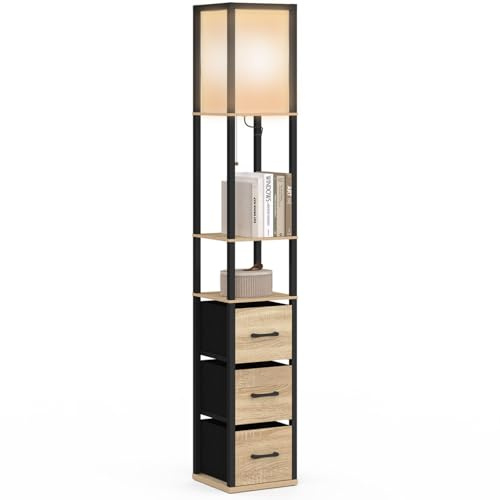 IDMarket - Lámpara de pie industrial de madera negra con estantes de madera clara 3 cajones tela UTAH y pantalla cuadrada blanca