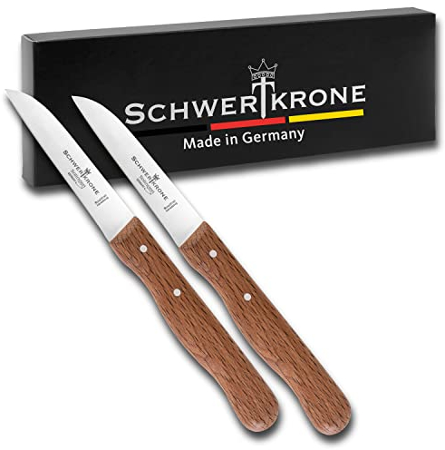 Schwertkrone - Set di 2 coltelli Solingen con manico in legno di faggio dritta | spelucchino coltelli ortaggi coltello da cucina affilato | pelatura coltello multiuso in acciaio | 2 pezzi