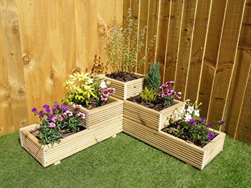 Wood-Shed Ltd Large 3 Tiered Corner Garden Level Steps Wooden Decking Patio Planter Trough (Natural)