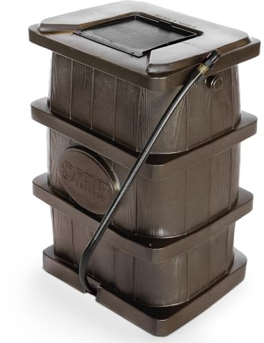 FCMP Outdoor Slim Line Design 45-Gallon Wood Grain Outdoor Home Rain Water Catcher Barrel Flat Back Container with Spigots and Mesh Screen, Brown
