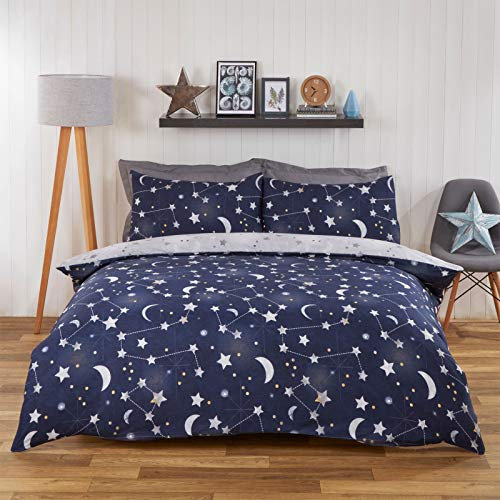 Dreamscene Moon Stars Galaxy Duvet Cover with Pillowcase Reversible Night Sky Bedding Set, Navy Blue Grey - Double
