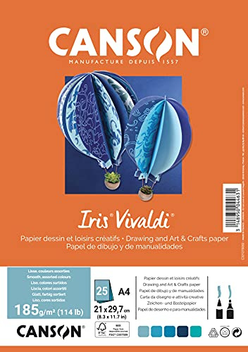 Canson Iris Vivaldi, Papel de dibujo de color, Suave, 185gsm, A4-21x29,7cm, 5 colores surtidos, 25 Hojas