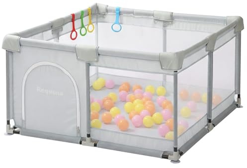 Requena Baby Playpen, Indoor/Outdoor Toddler Fence with Breathable Mesh, Extra Large Play Yard with Balls, Grey
