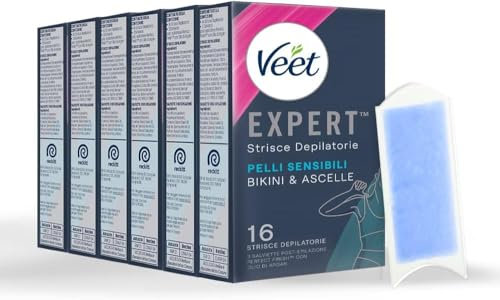 Veet Expert, Strisce Depilatorie Ascelle e Bikini Pelli Sensibili 96 Strisce, 6 confezioni