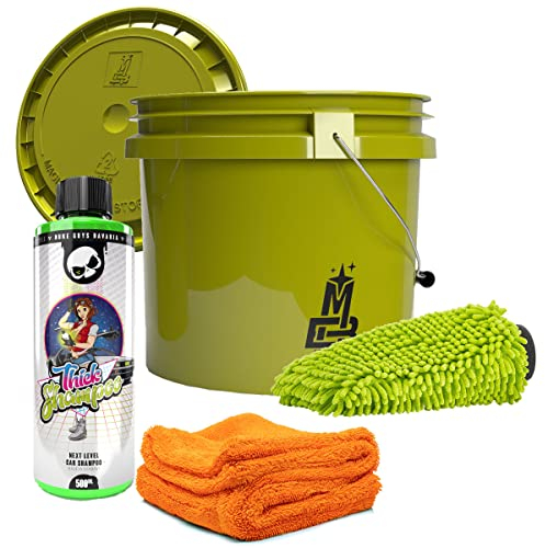 detailmate Auto Waschset - Magic Bucket Wascheimer 3,5 GAL mit Deckel Khaki + Nuke Guys Thick Shampoo 0,5L + Gamma Dryer Mikrofaser Trockentuch 1400GSM + Waschhandschuh