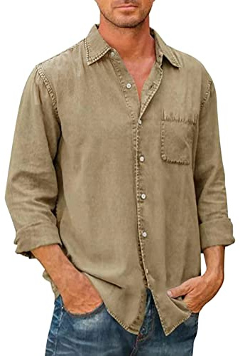 Onsoyours Chemise Jean Homme Manches Longues Chemise Décontractée Coton Chemises Hommes Couleur Unie Business Casual Bouton Shirts Regular Fit A Kaki XXL