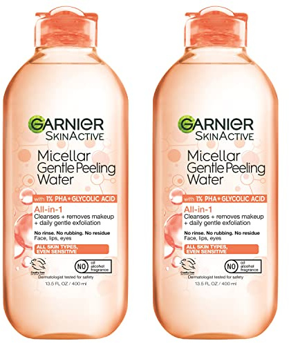 Garnier SkinActive Gentle Peeling Micellar Water with 1% PHA and Glycolic Acid, Face Exfoliant, Facial Cleanser and Makeup Remover, 2 Pack
