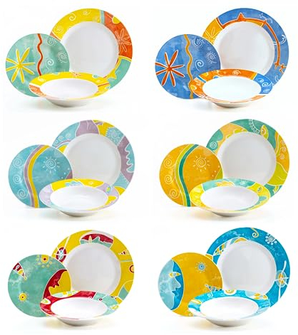 Foodesign Vajilla de 18 piezas de porcelana decorada, 6 comensales con decoraciones y colores diferentes, colección Picasso