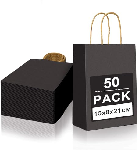 Gucass 50 Stück Klein Papiertüten mit Henkel, Schwarz Kraft Papiertaschen Geschenktüten, 15x8x21cm Papiertragetasche, Geschenktaschen zum Verpacken Einkaufen Geburtstag Partys Hochzeit Weihnachten