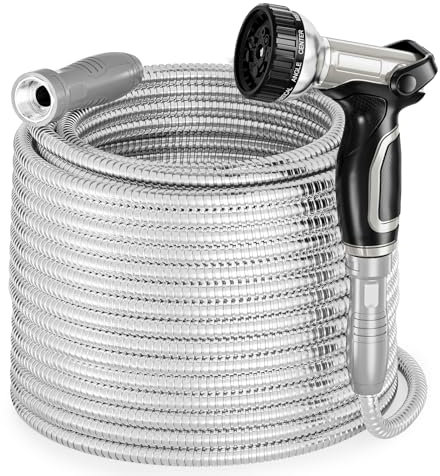 SPECILITE 304 Stainless Steel Garden Hose 50 ft with Swivel Handle, Lightweight & Flexible Water Hose with Heavy Duty Nozzle for Yard, Outdoor, Lawn