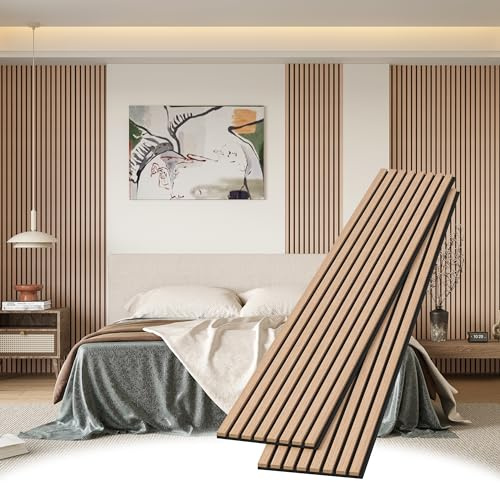 POHARE Wood Slat Wall Panels, 2 Pack 8 x 1 ft Decorative Wood Panels for Wall,Stylish Wall Panels for Interior Wall Decor, Modern Acoustic Wood Wall Panels with Felt Backing, Oak