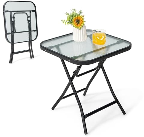 KOMFOTTEU Gartentisch quadratisch, Beistelltisch klappbar, Bistrotisch mit Glasplatte und Metallrahmen, Seitentisch für Balkon, Terrasse, 46,5 x 46,5 x 47,5 cm