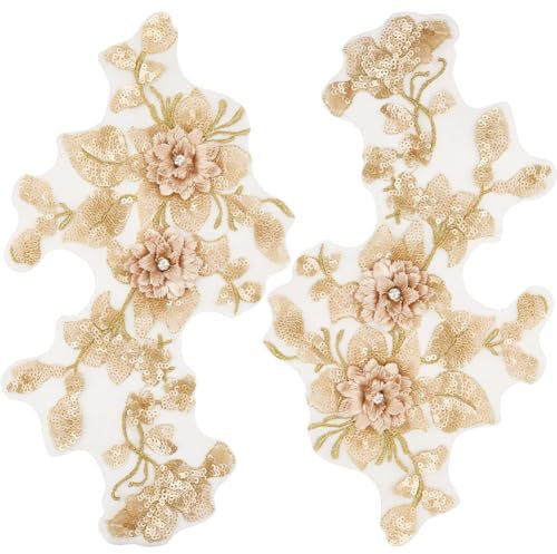 GORGECRAFT 2Stk 3D-Pailletten Bestickte Spitzenapplikation Blumen Zum Aufnähen Besatz Flicken Glitzernde Perlen Blumenkragen Stoff Bastel-Dekoration Flicken Zum Nähen skleidung Kleiderhosen Goldrute