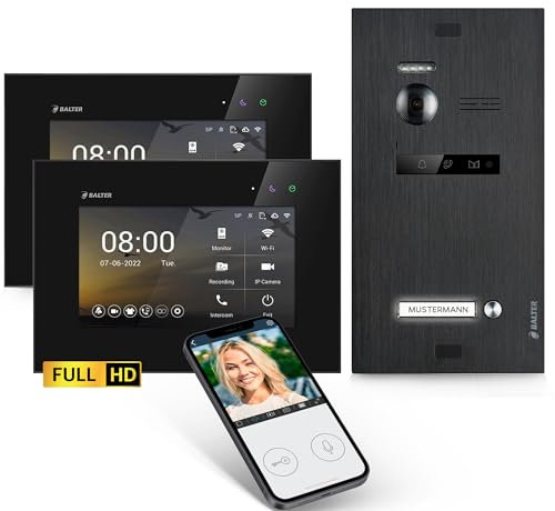 Balter EVO-HD Video Türsprechanlage, Video Türklingel, Smartphone App, 1 Familienhaus Klingel, 2X 7 Zoll HD-Monitore, Full HD-Kamera, 2 Draht Bus, Gegensprechanlage mit 175° Weitwinkel, Schwarz