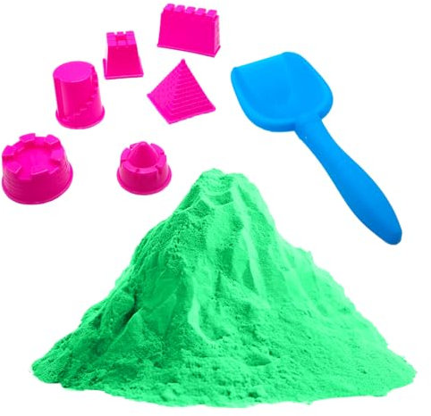 Sable cinétique naturel 1 kg avec 6 pochoirs et pelle pour enfants – Set créatif sable magique jeu sensoriel – Facile à modeler, non sec, pour activités artistiques et cadeaux éducatifs (vert)