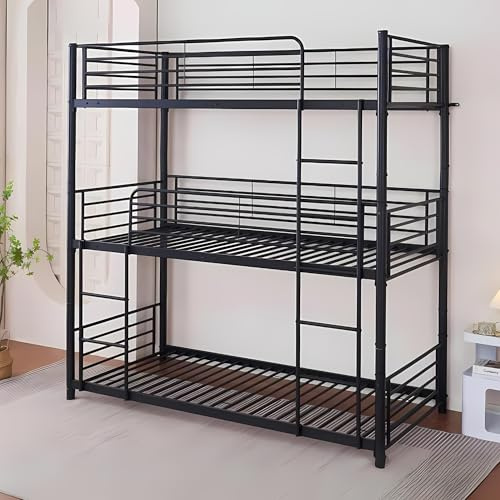 Reinforced Beds Bircham 3 Tier Bunk Bed – Black Metal Triple Stacker, Triple Single Bunk, Space-Saving Metal Bed for Hostels, Dorms & Shared Rooms (Single)