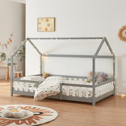 [en.casa] Kinderbett Sisimiut Hausbett Montessori 140 x 200 cm mit Rausfallschutz Holzbett für Kinder Bodenbett Lattenrost Kiefernholz Hellgrau/Weiß