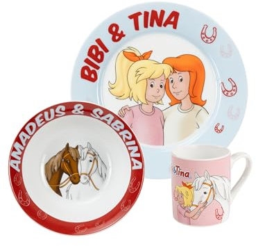 United Labels Bibi & Tina 3-Piece Crockery Set for Children, Red Blue, Porcelain Breakfast Set with Plate Diameter 19 cm, Cup 220 ml and Bowl 330 ml, Children's Crockery