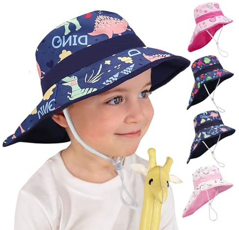 dellyy Sombrero de Sol Para Bebé, Sombrero de Playa para Niños, Gorra Proteccion Solar, Protección UV UPF 50+, 4 Diseños (Unicornio, Arcoíris, Dinosaurio, Monstruo) (FR/ES, Números, 52, Azul oscuro A)