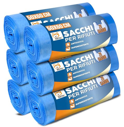 Akitaink - 120 Sacchetti Spazzatura 30L, 6 Rotoli da 20 Sacchi Pattumiera 50x60cm Blu, Ultra Resistenti Antigoccia Antistrappo, Sacchi Immondizia Casa Ufficio