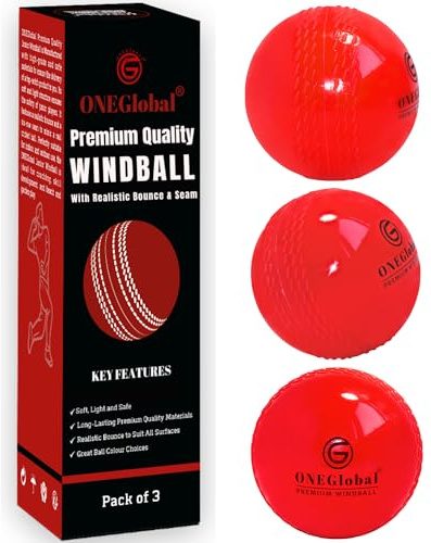 ONEGlobal Premium Windball Soft Cricket Ball | Durable, Embossed Seam, True Bounce & Swing | Wind Ball Cricket Balls for Outdoor & Indoor Practice, Coaching, Garden & Beach Games (3 Red)