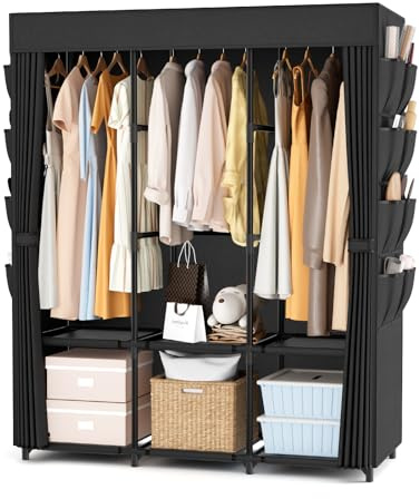 Vicye Kleiderschrank, Stoffschrank stabil mit 3 Kleiderstangen und 8 Seitentasche, Faltschrank Kleiderschränke mit Überzug, tragbarer Schrank Garderobe für Schlafzimmer und Ankleidezimmer 124x42x162cm