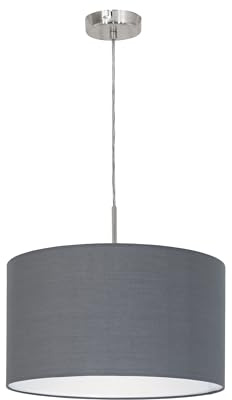 Eglo Pasteri - Lampadario a sospensione, in tessuto, per tavolo da pranzo, lampada soffitto metallo di colore argento con paralume grigio, attacco E27, diametro 38 cm