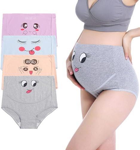 AUTUCAU Biancheria intima premaman in cotone a vita alta regolabile gravidanza senza cuciture morbide mutandine hipster sopra il pancione confezione da 4, Cartone animato carino (confezione da 4