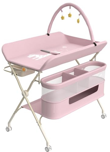 MUL-BOUTIQUE Table a Langer Pliante avec Panier de Rangement,Structure en Fer Charge Max 15KG,Réglable en Hauteur,Table à Langer Mobile pour Nouveaux-Nés,80 * 73 * 94 cm (Rose)