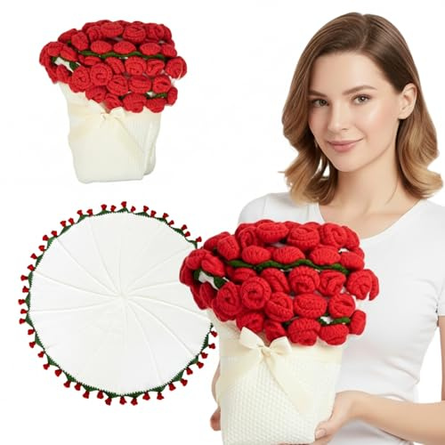 GUOMIS Ramo de Flores, Manta de Ganchillo con Ramo de Rosas terminada,con 68 Rosas de Ganchillo, Ideal para Ceremonias de graduación, San Valentín o el Día de la Madre. (Rojo)
